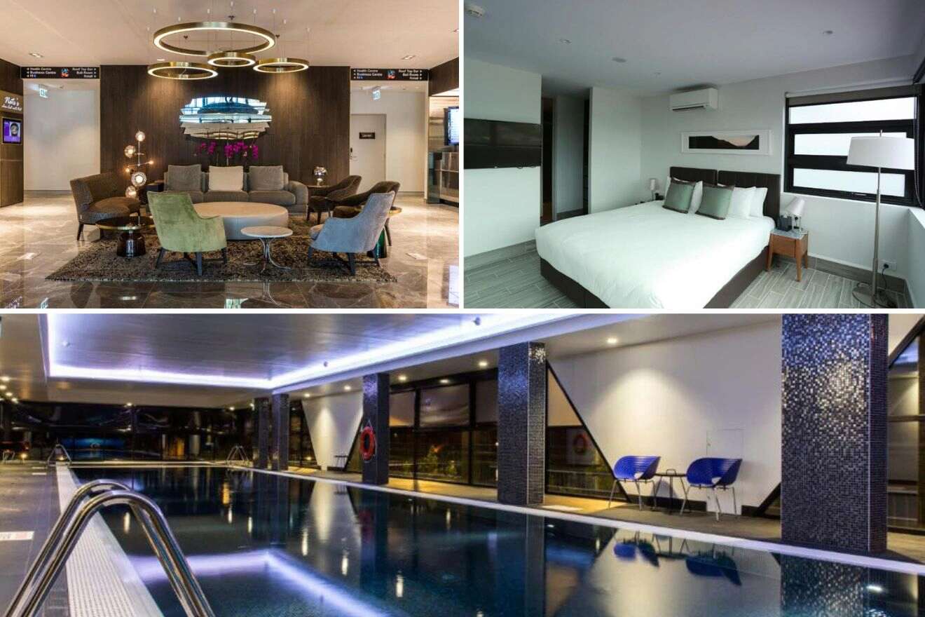 collage of 3 images with: lounge, bedroom and pool