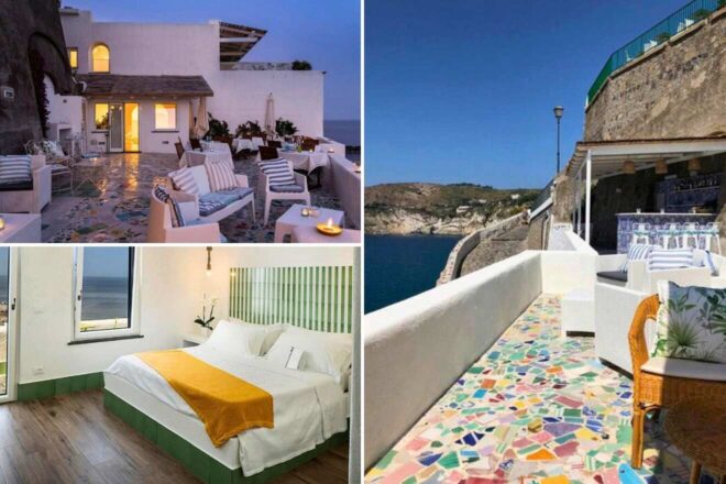 collage of 3 images with: a balcony with a view of the sea, bedroom and restaurant on the terrace