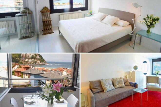 collage with 3 images of: a hotel's bedroom, dining table by the window and a lounge