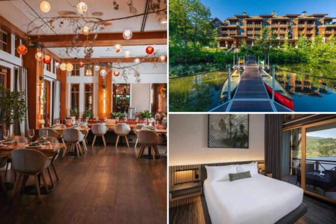 collage of 3 images with: a bedroom, restaurant and wooden deck with boats and a hotel's building in the background