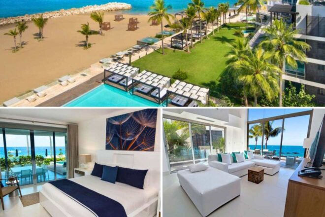 collage of 3 images with: aerial view over the resort, bedroom and a lounge with large windows