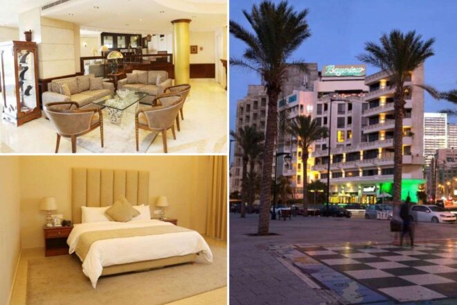 a collage of three hotel photos: lounge area, bedroom, and hotel exterior