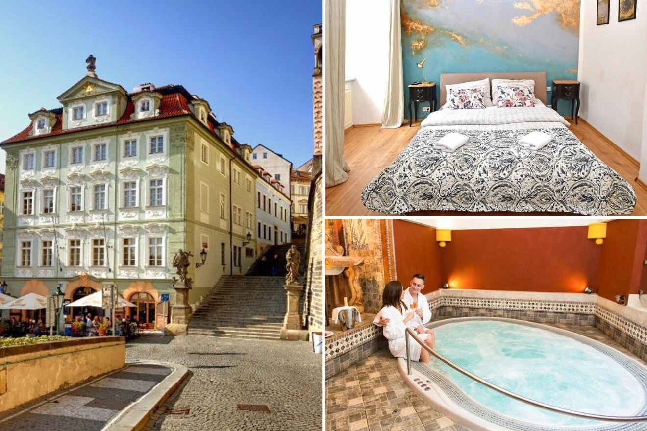 a collage of three hotel photos: hotel exterior, bedroom, and jacuzzi