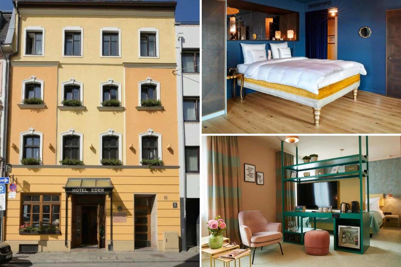 a collage of three hotel photos: hotel exterior, bedroom, and sitting area