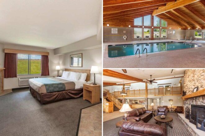 a collage of three hotel photos: bedroom, indoor pool, lounge area