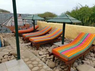 A group of colorful lounge chairs on a patio.
