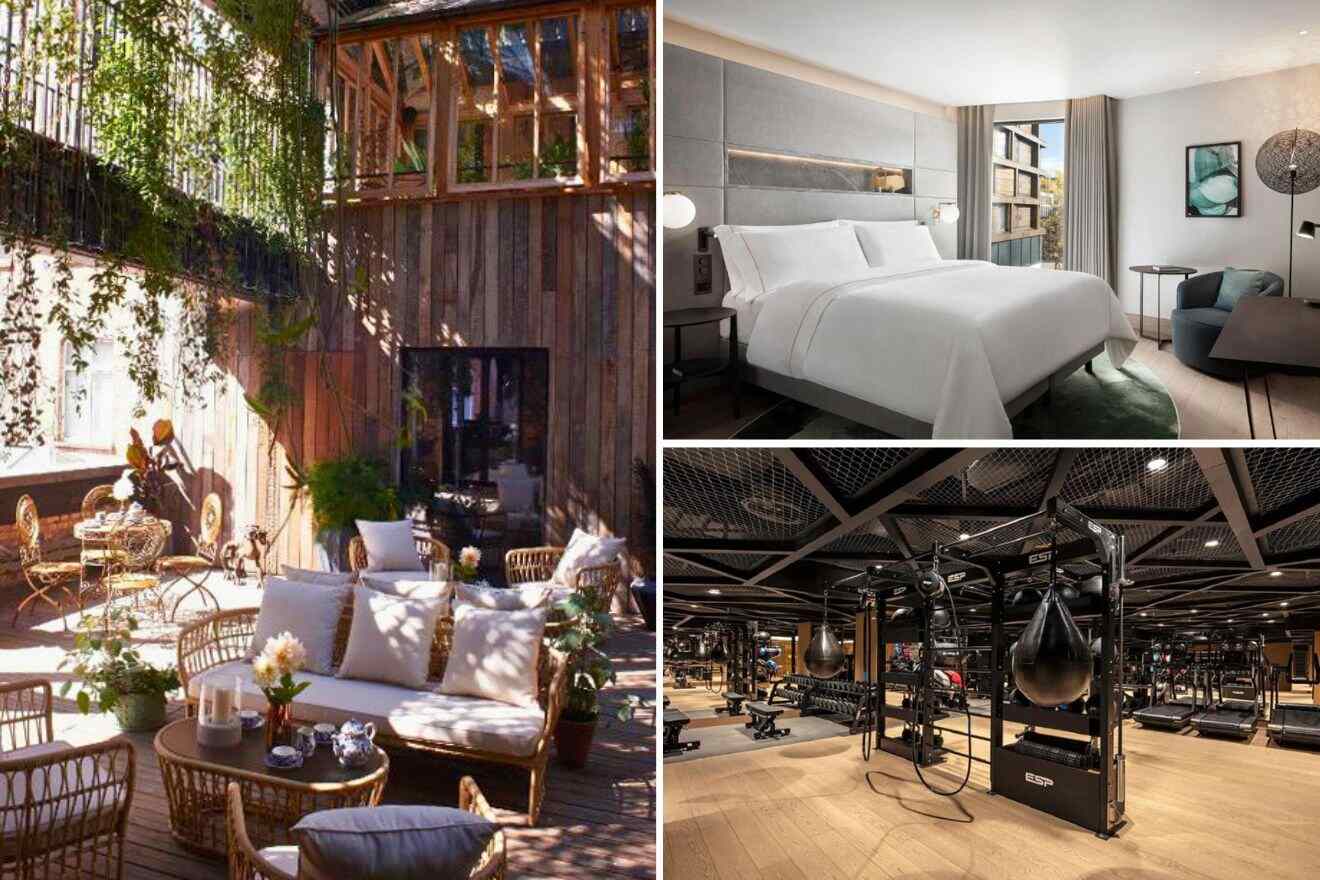 collage of 3 images with: bedroom, gym and lounge area surrounded by plants