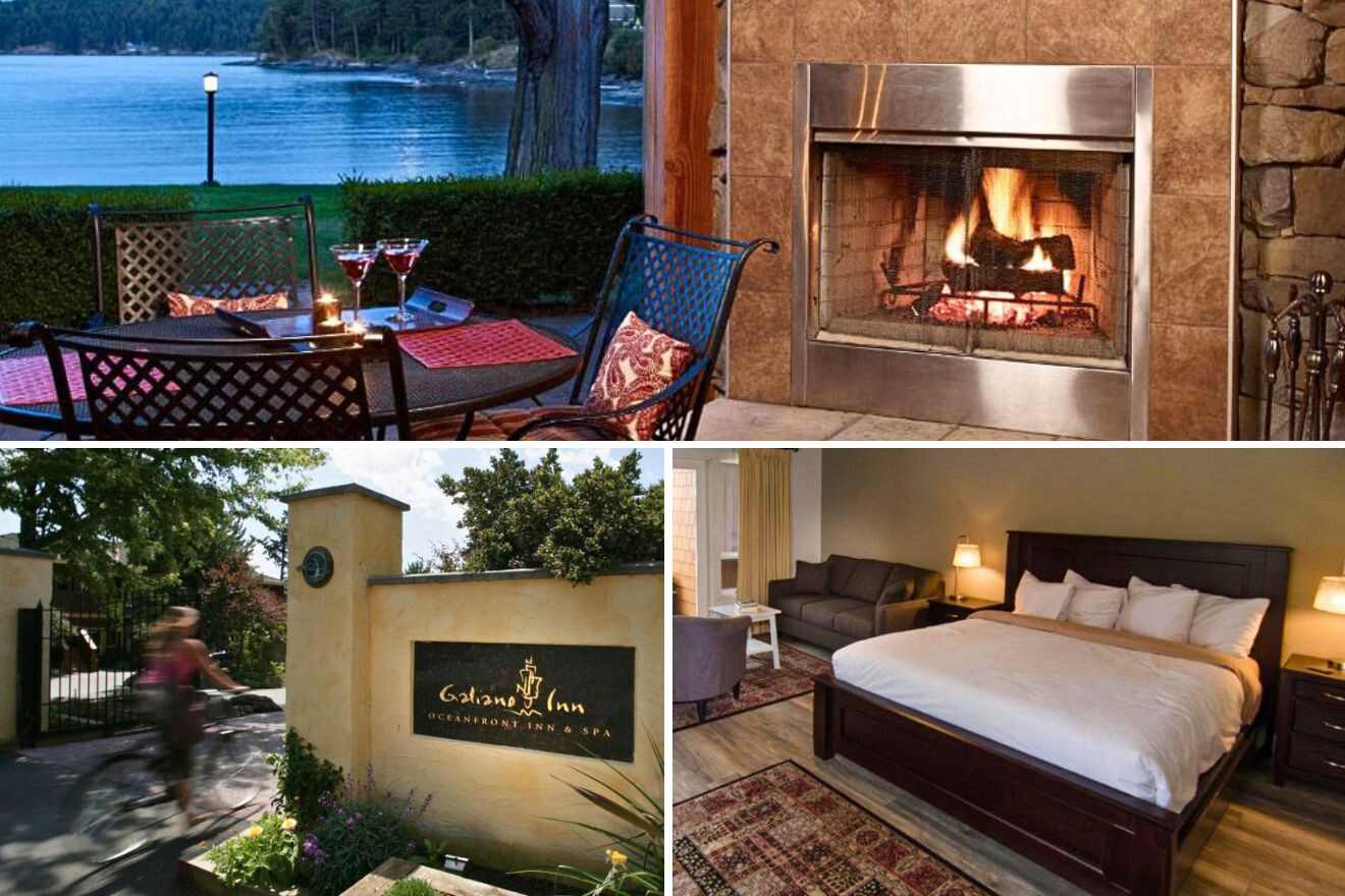 collage of 3 images with: table with chairs on a patio by the fireplace, bedroom and hotel's entrance
