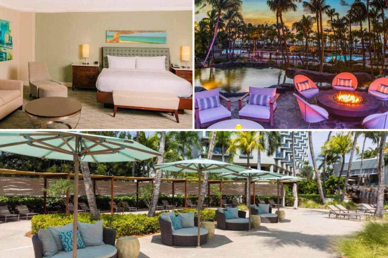 collage of 3 images with: bedroom, sunbeds and gazebos with umbrellas and outdoor lounge by the fireplace