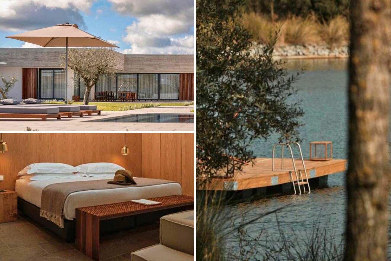 collage of 3 images with: view over the lake, bedroom and sunbeds by the pool