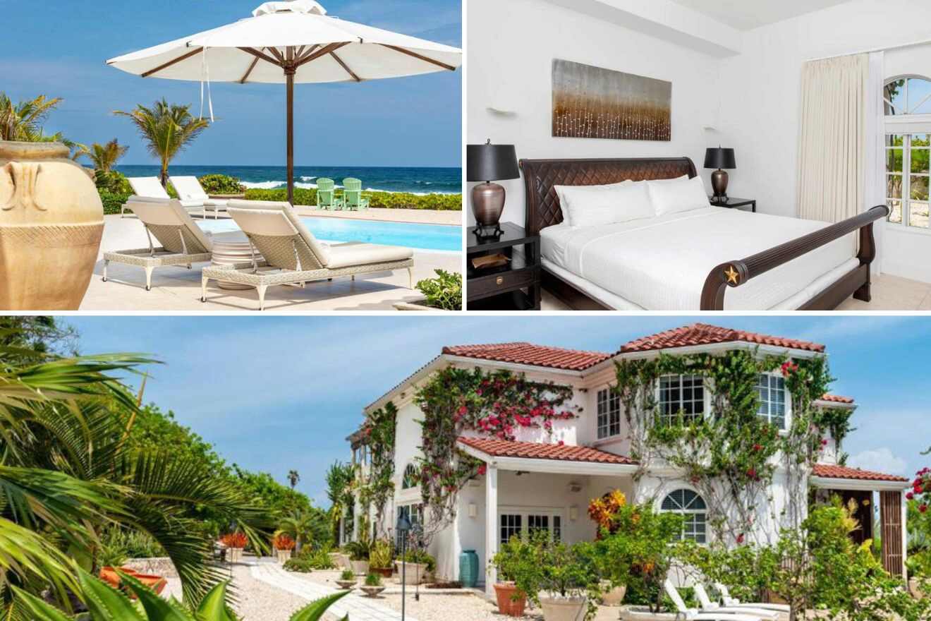 collage of 3 images of the Le soleil d'or resort in the cayman islands: pool area, bedroom and hotel's building