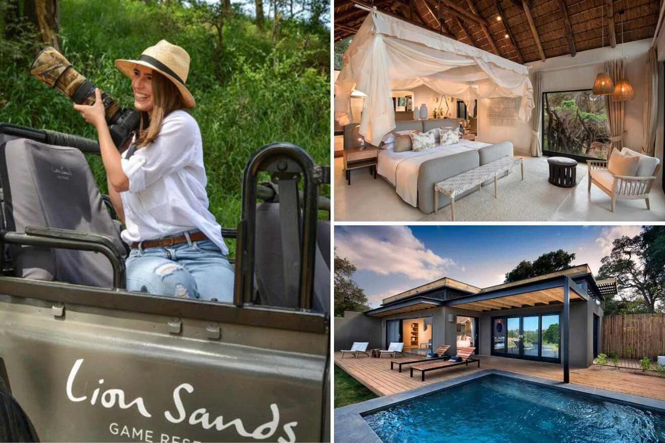 collage of 3 images with: bedroom, pool with sunbeds and woman taking a picture from a safari truck