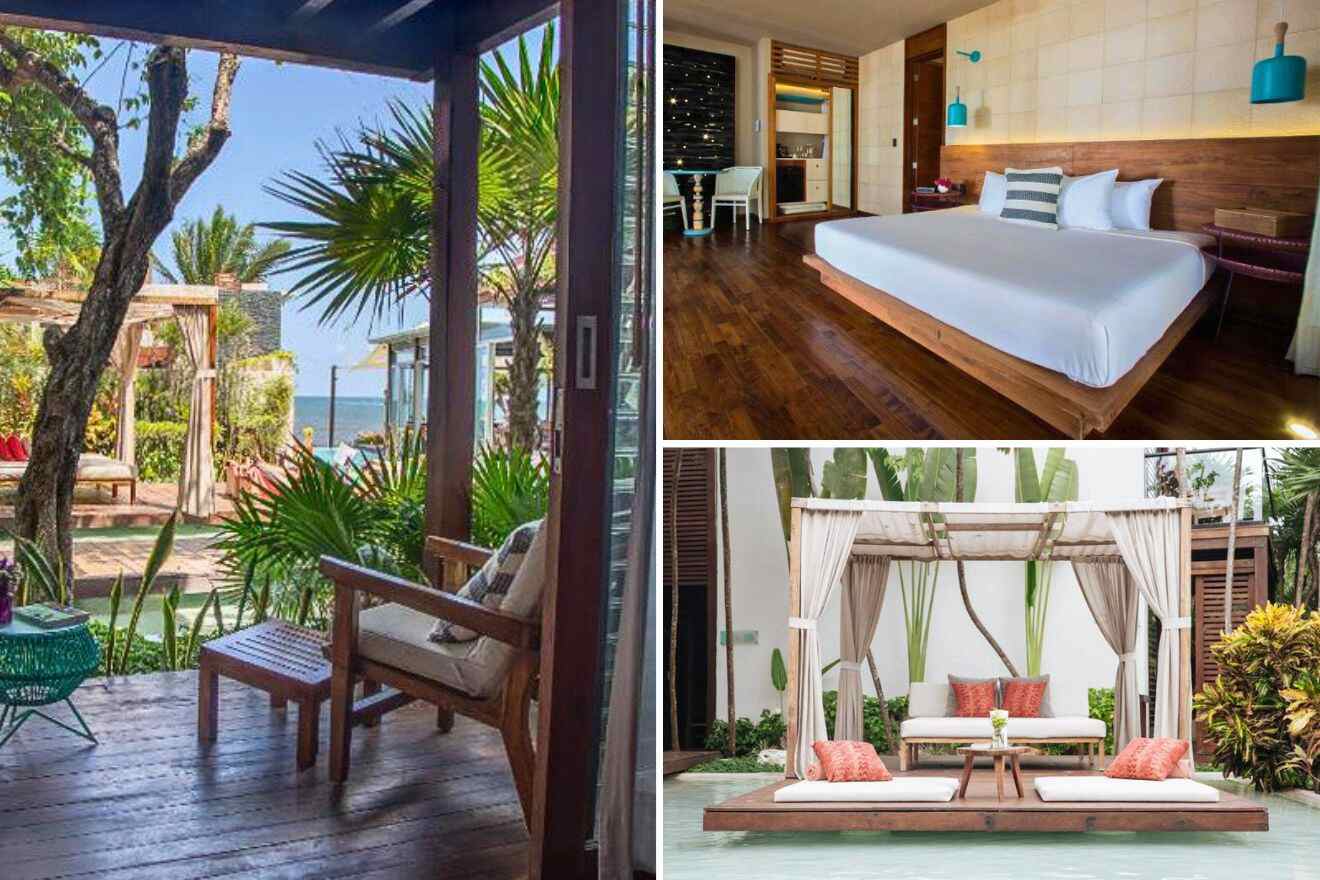 collage of 3 images with: bedroom, lounge by the water and lounge on the patio
