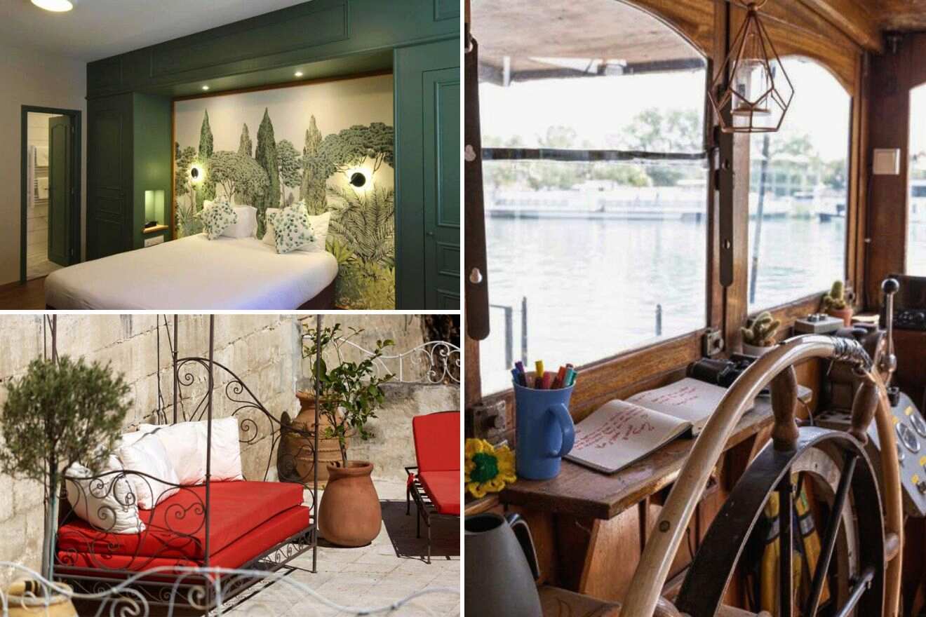 collage of 3 images with: bedroom, outdoor lounge and boat