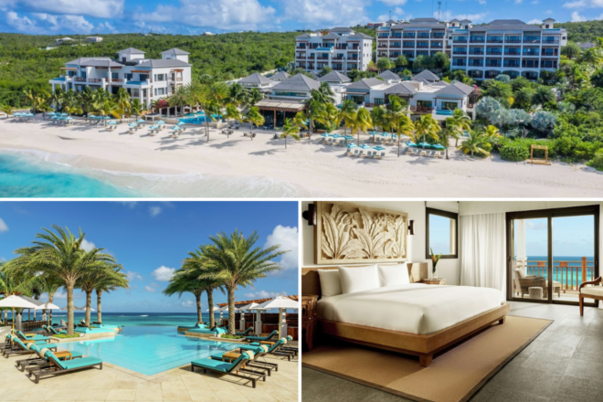 a collage of three hotel photos: view of hotel exterior, outdoor pool, and bedroom