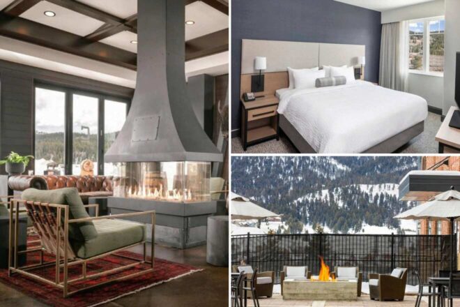 collage of 3 images with: a bedroom, lounge on the terrace with view over the mountain and indoor lounge area with a fireplace in the middle of the room