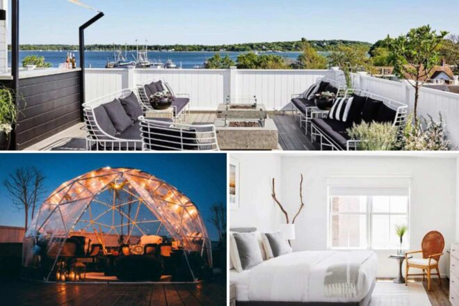 collage of 3 images with: rooftop patio with furniture and a view of the ocean, bedroom and an outdoor lounge area with a lit up cover at night