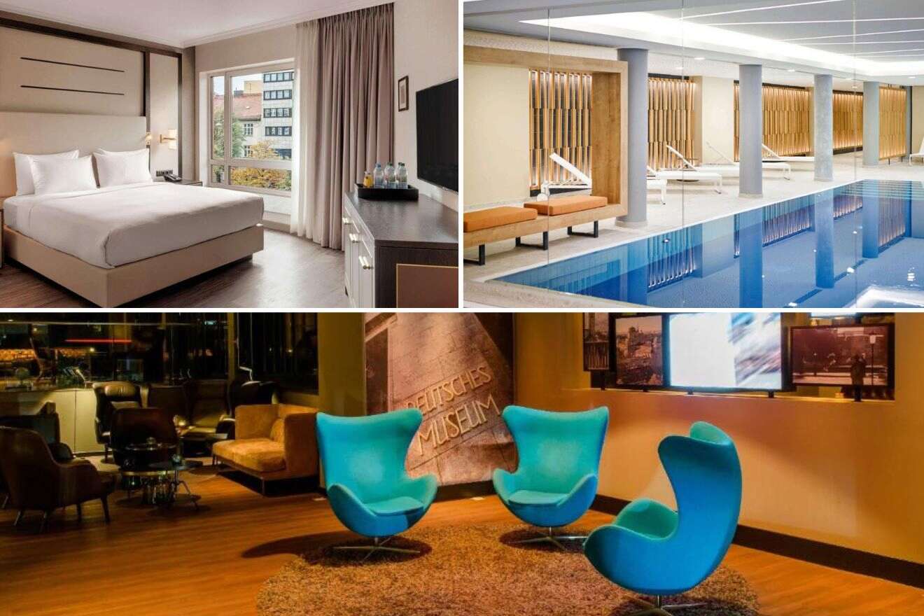 a collage of three hotel photos: bedroom, indoor pool, and lounge area