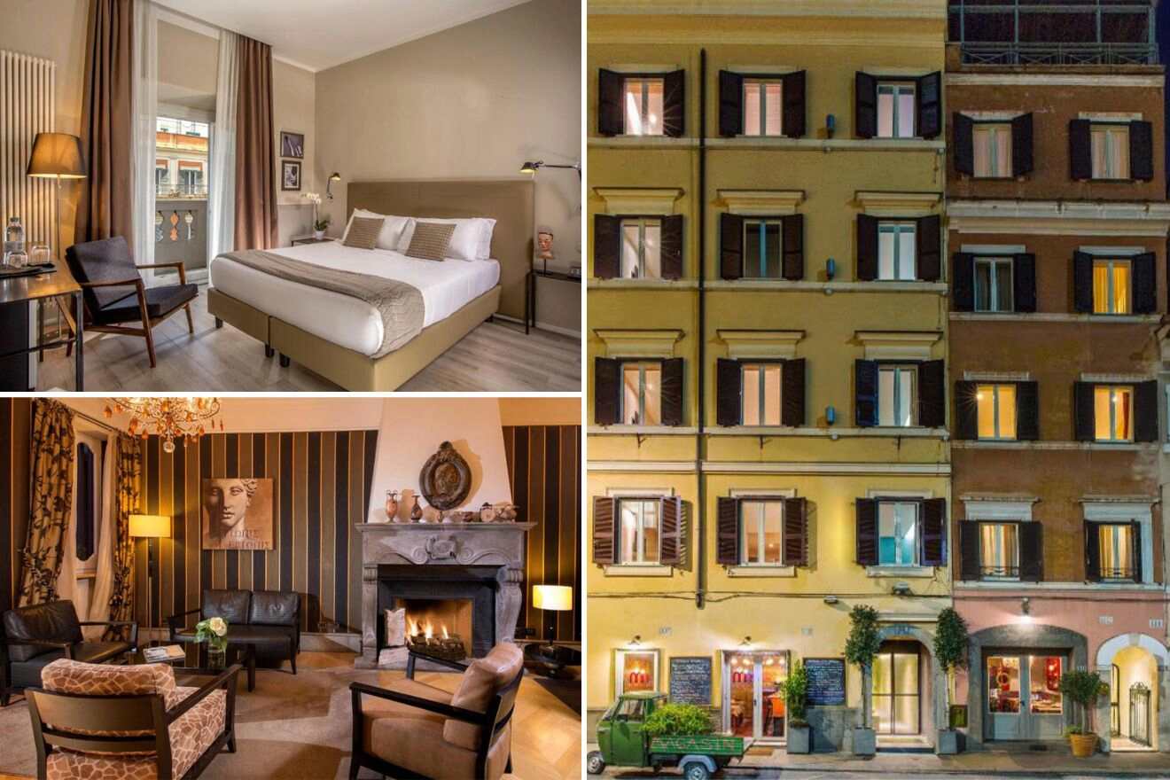 a collage of three hotel photos: bedroom, living room with fireplace, and hotel exterior
