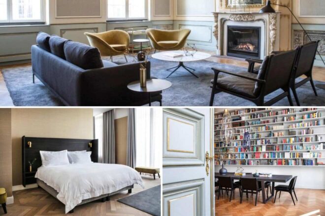 a collage with three hotel photos: living room with fireplace, bedroom, and dining room with a library