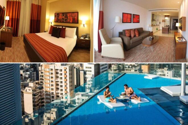 a collage of three hotel photos: bedroom, living room, and rooftop pool