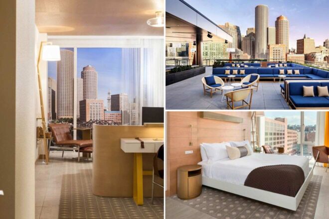 collage of three hotel photos: seating area with a view, rooftop terrace with a view, and bedroom