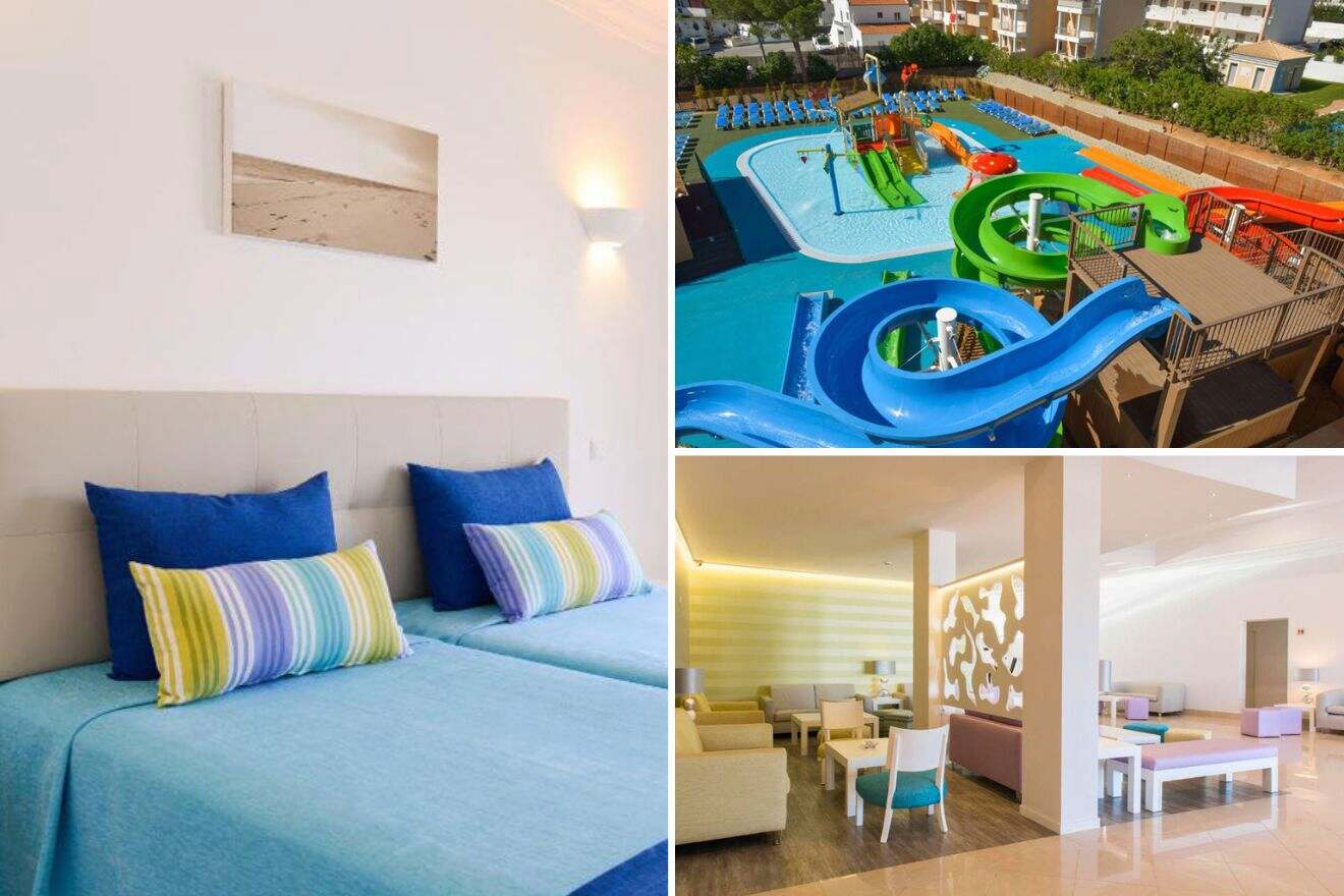 collage of 3 images with: bedroom, lounge and waterslides