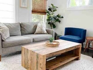 A living room with a wooden coffee table.