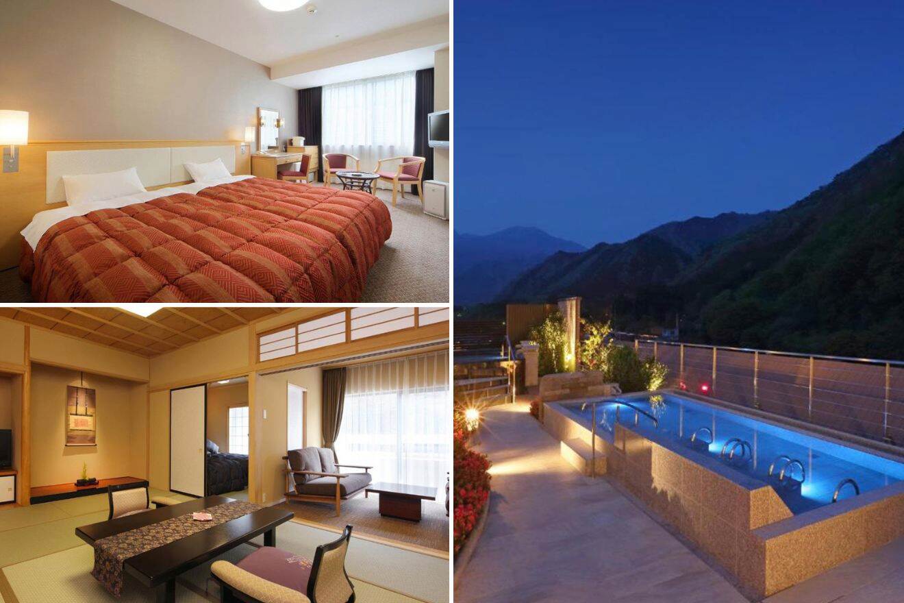 collage of 3 images of Asaya with: japanese style room, bedroom and private rooftop pool