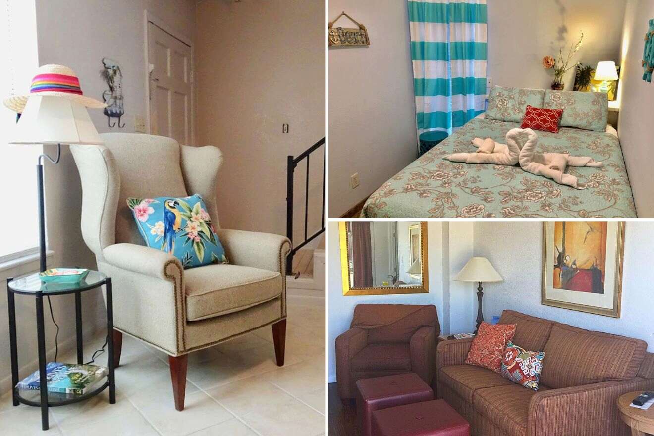 collage of 3 pictures of a living room with a couch, armchair next to a lamp and a bed.