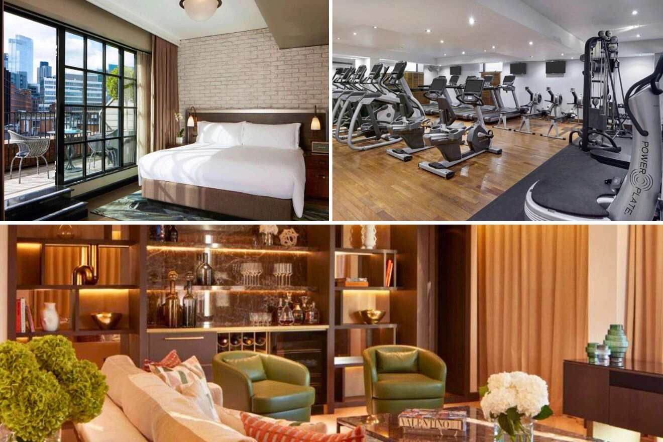collage of 3 images with: bedroom, gym and lounge