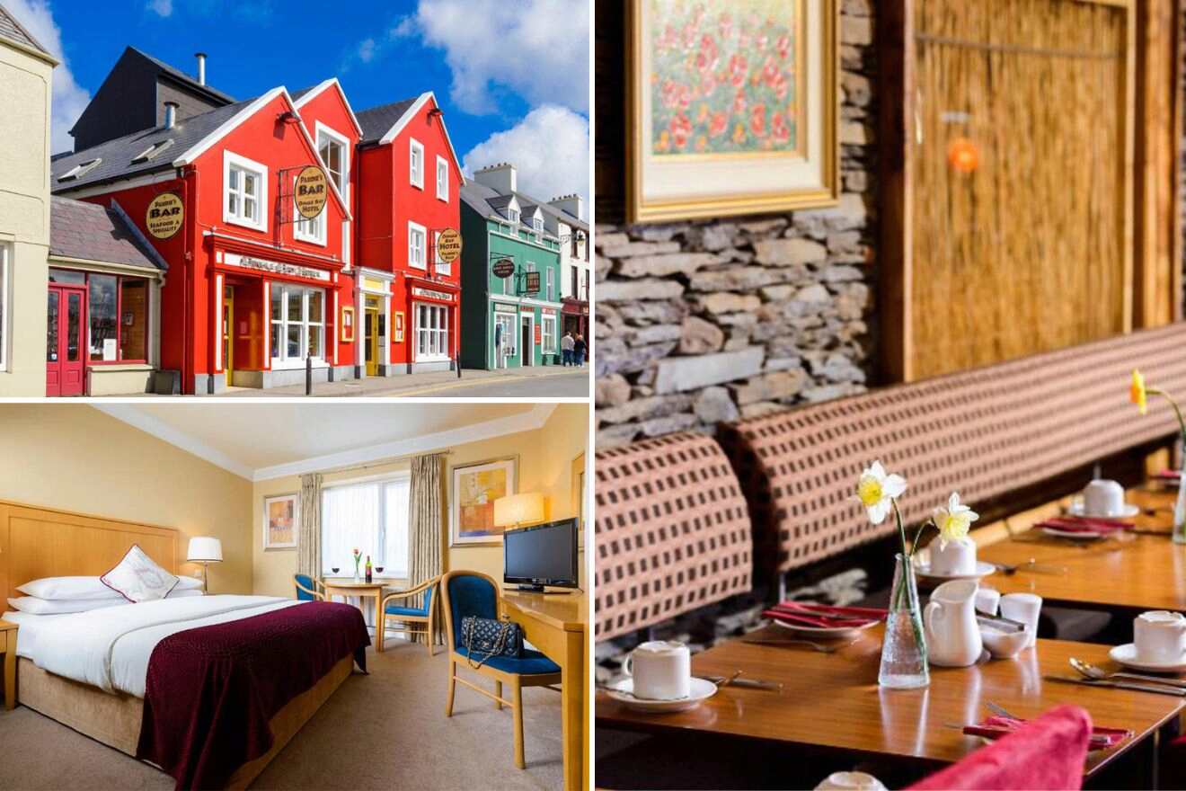 collage of 3 images of Dingle Bay hotel with: bedroom, restaurant and hotel's building