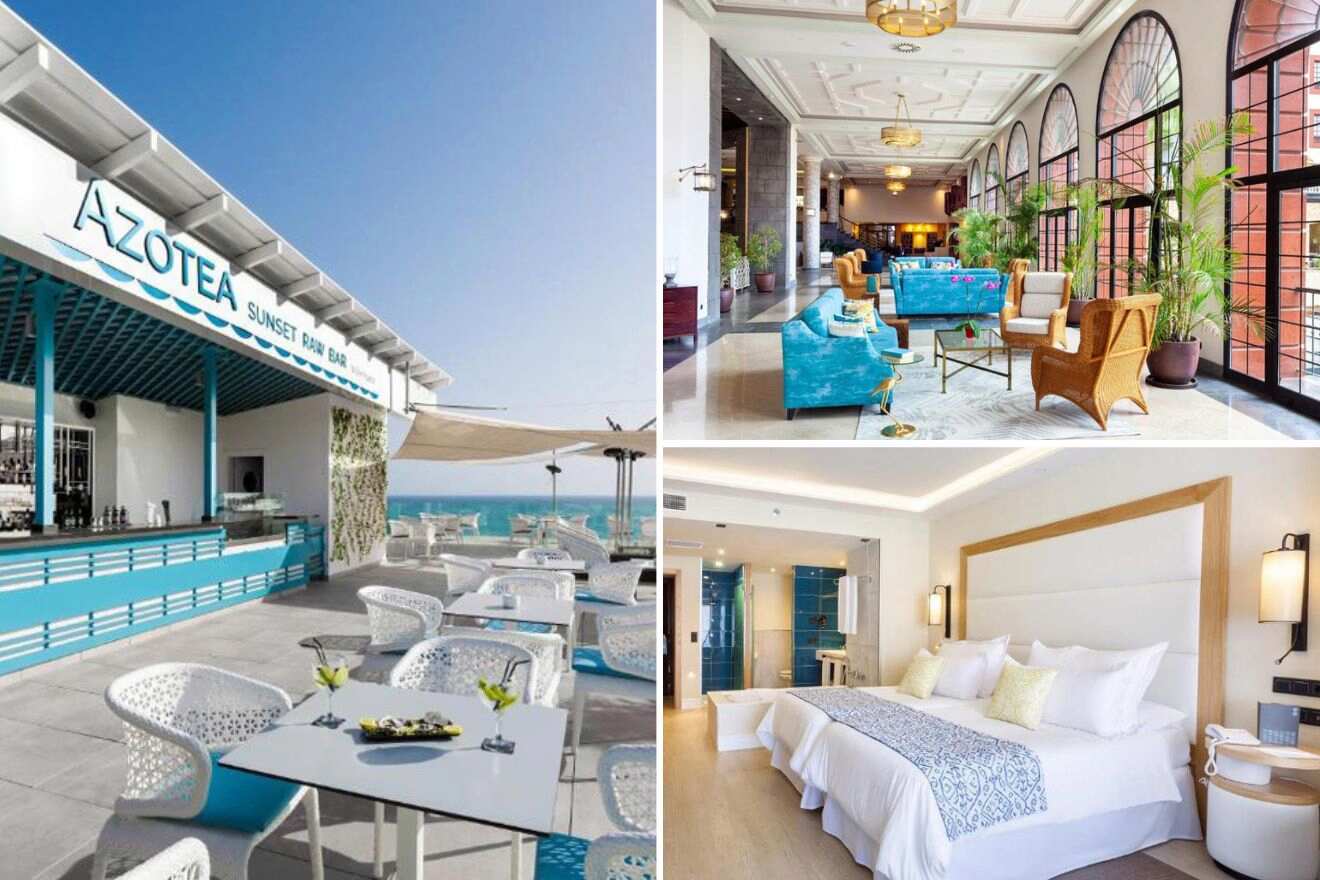 collage of 3 images with: bedroom, outdoor bar and lounge