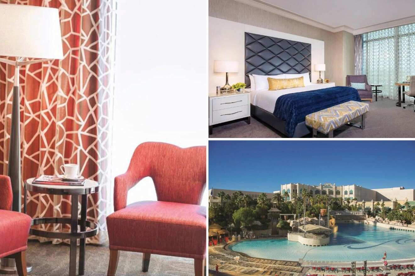 collage of 3 images with: bedroom, pool area and couch with floor lamp and a table by a window