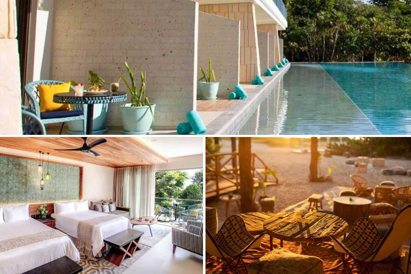collage of 3 images with: bedroom, lounge on the beach and pool area