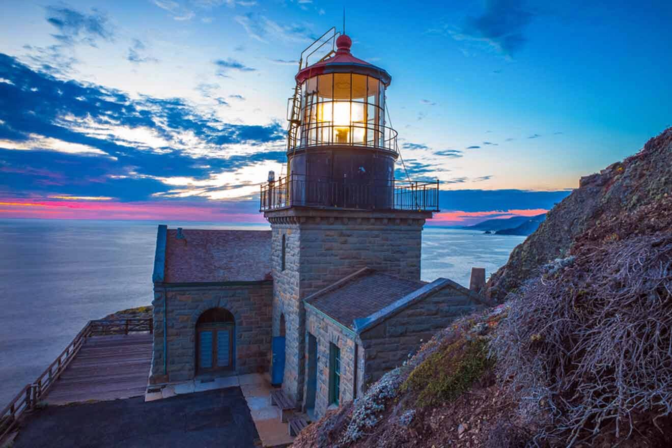 A lighthouse sits on top of a cliff overlooking the ocean.