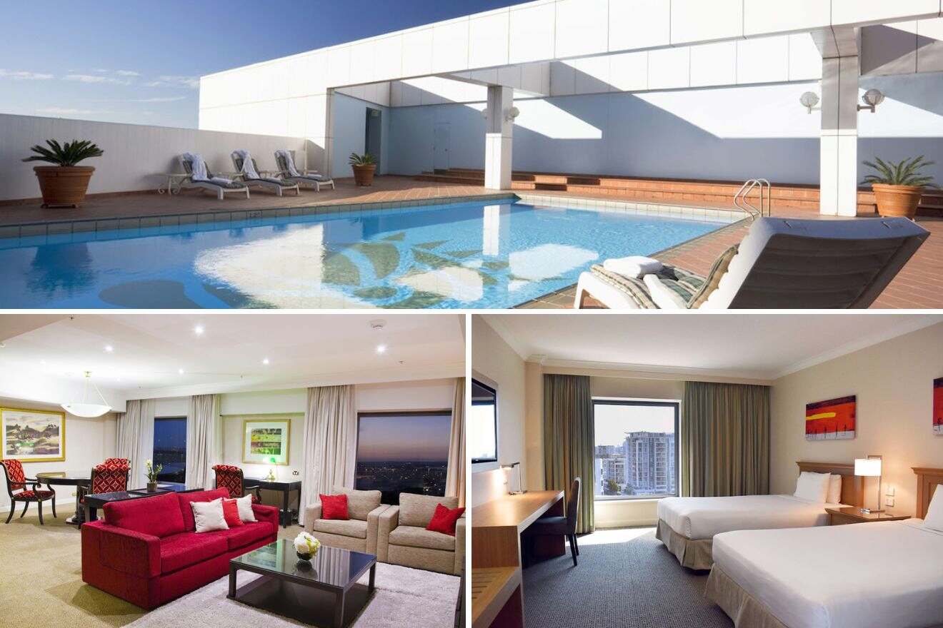 collage of 3 images with: pool, bedroom and lounge