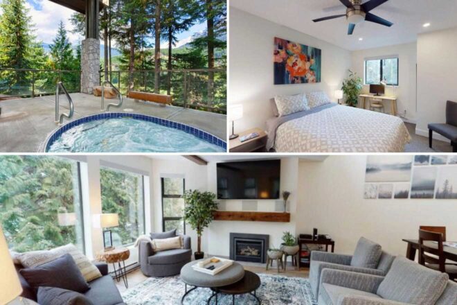 collage of 3 images with: a bedroom, lounge with a fireplace and large windows and jacuzzi on the terrace
