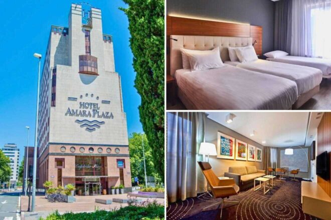 collage with 3 images of: a hotel's bedroom, lounge and hotel's building
