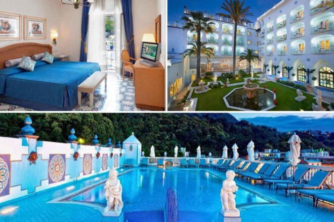 collage of 3 images with: pool area, bedroom and hotel's building