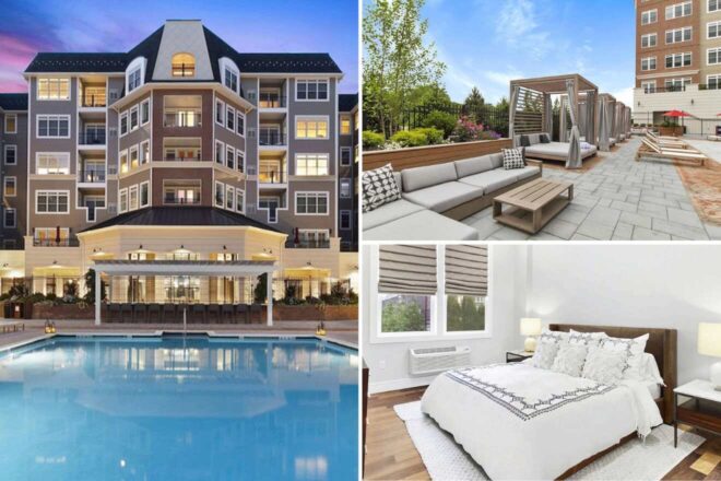 collage of 3 images with: a bedroom, outdoor couch and gazebos and pool with hotel's building in the background