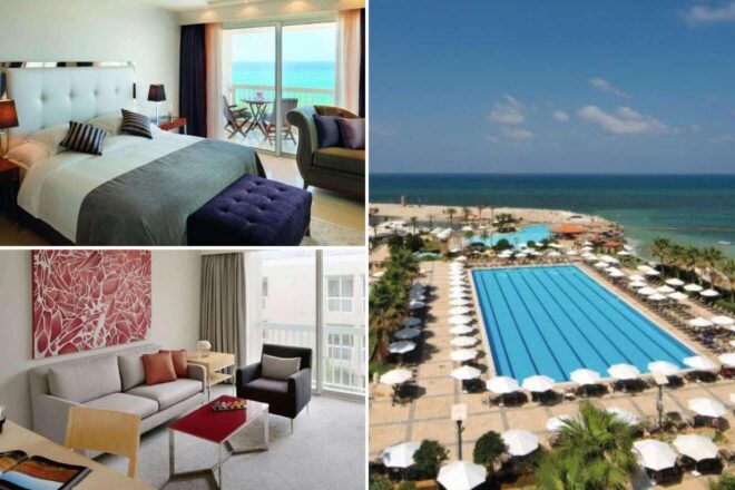 a collage of three hotel photos: bedroom, living room, and outdoor pool