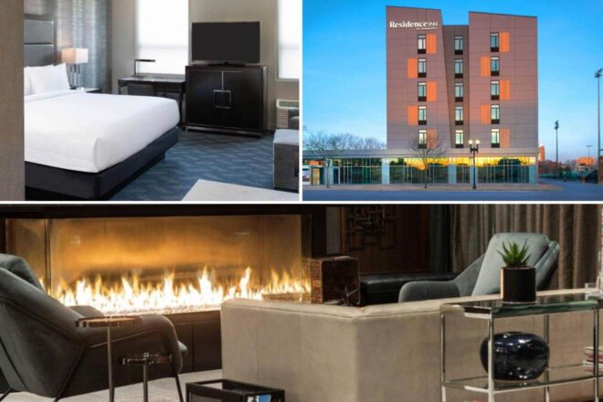 collage of three hotel photos: bedroom, hotel exterior, and seating area with a fireplace