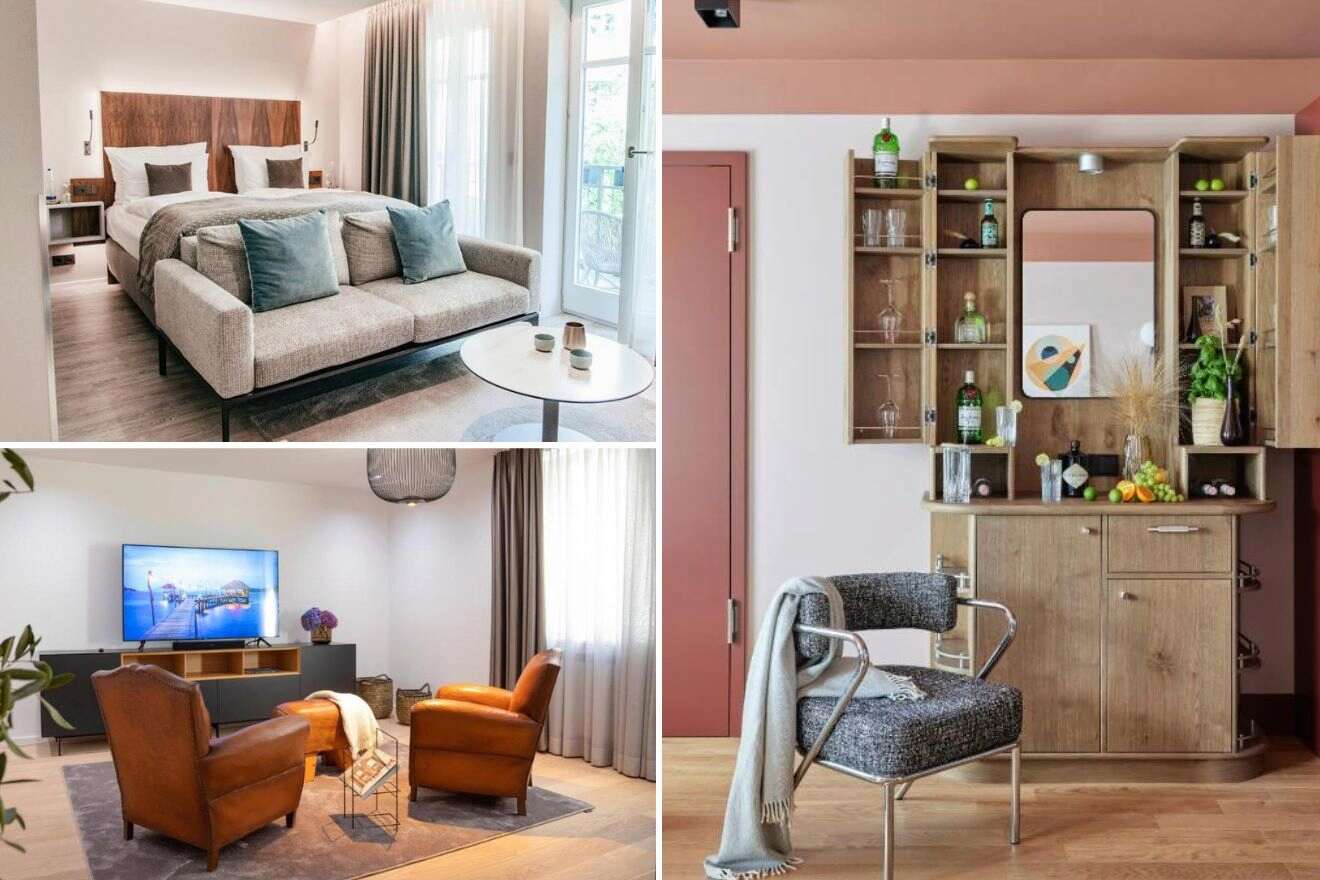 a collage of three hotel photos: bedroom, living room and a bar with sitting area