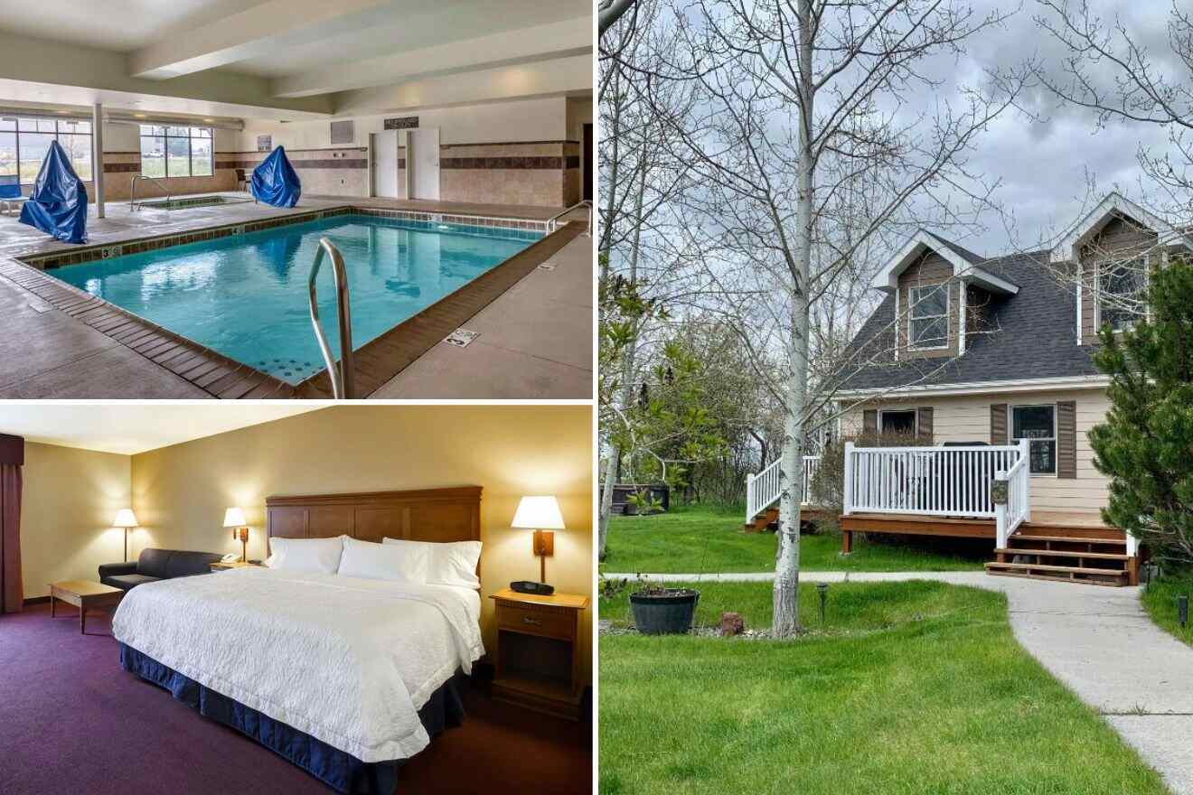 a collage of three hotel photos: indoor pool, bedroom, and exterior