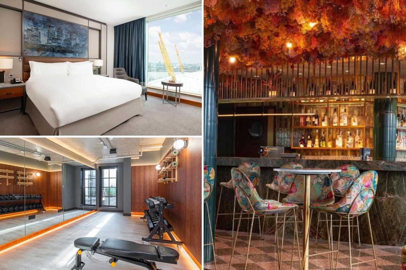 collage of 3 images with: bedroom, gym and bar area