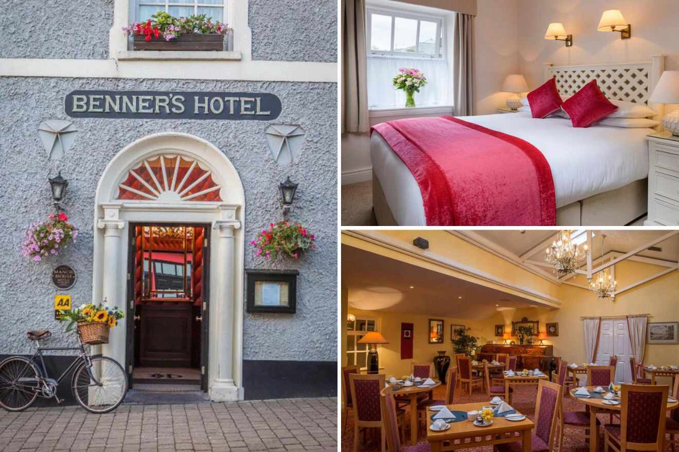 collage of 3 images of dingle benners hotel with: bedroom, restaurant and hotel's entrance