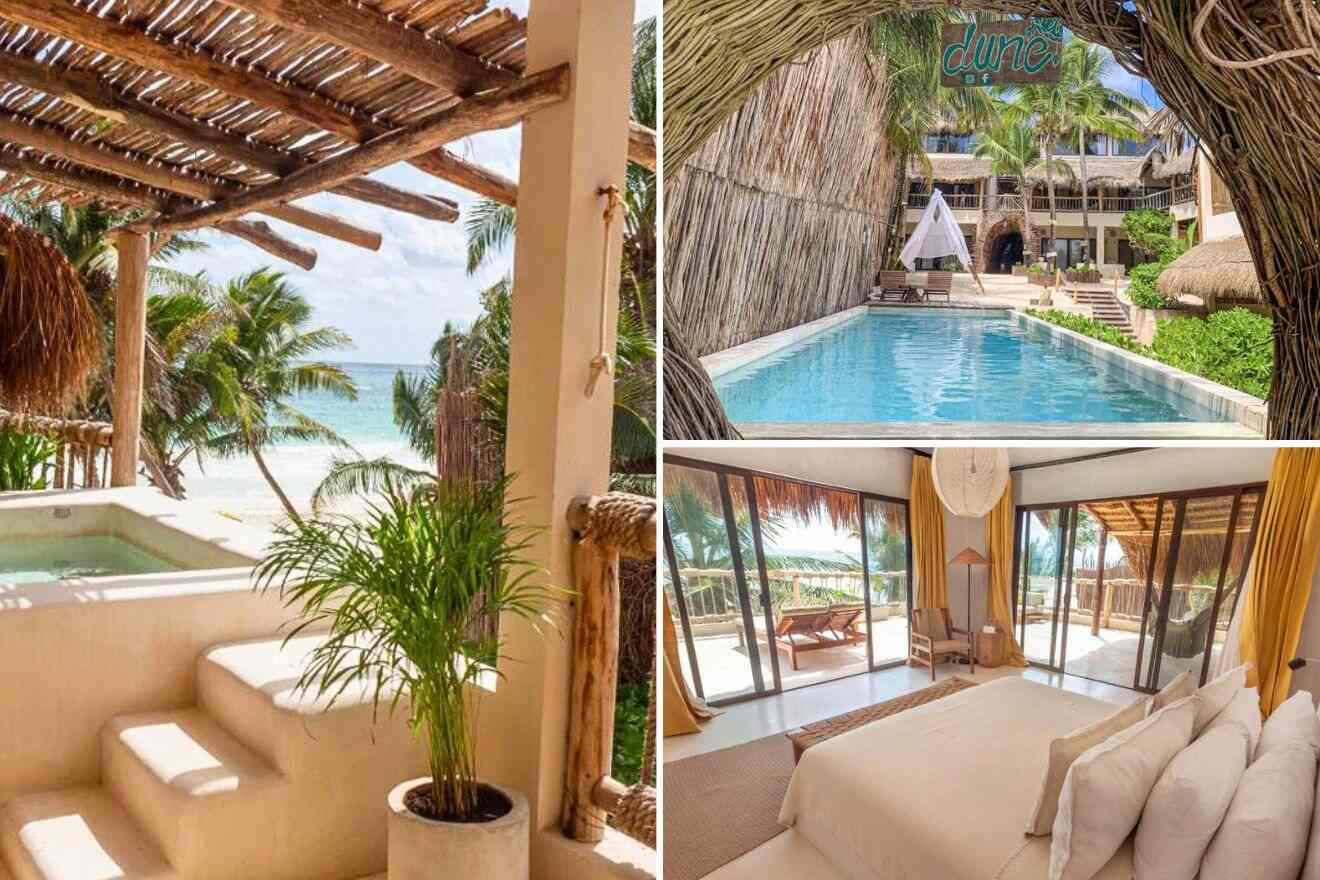 collage of 3 images with: bedroom, private pool and a swimming pool