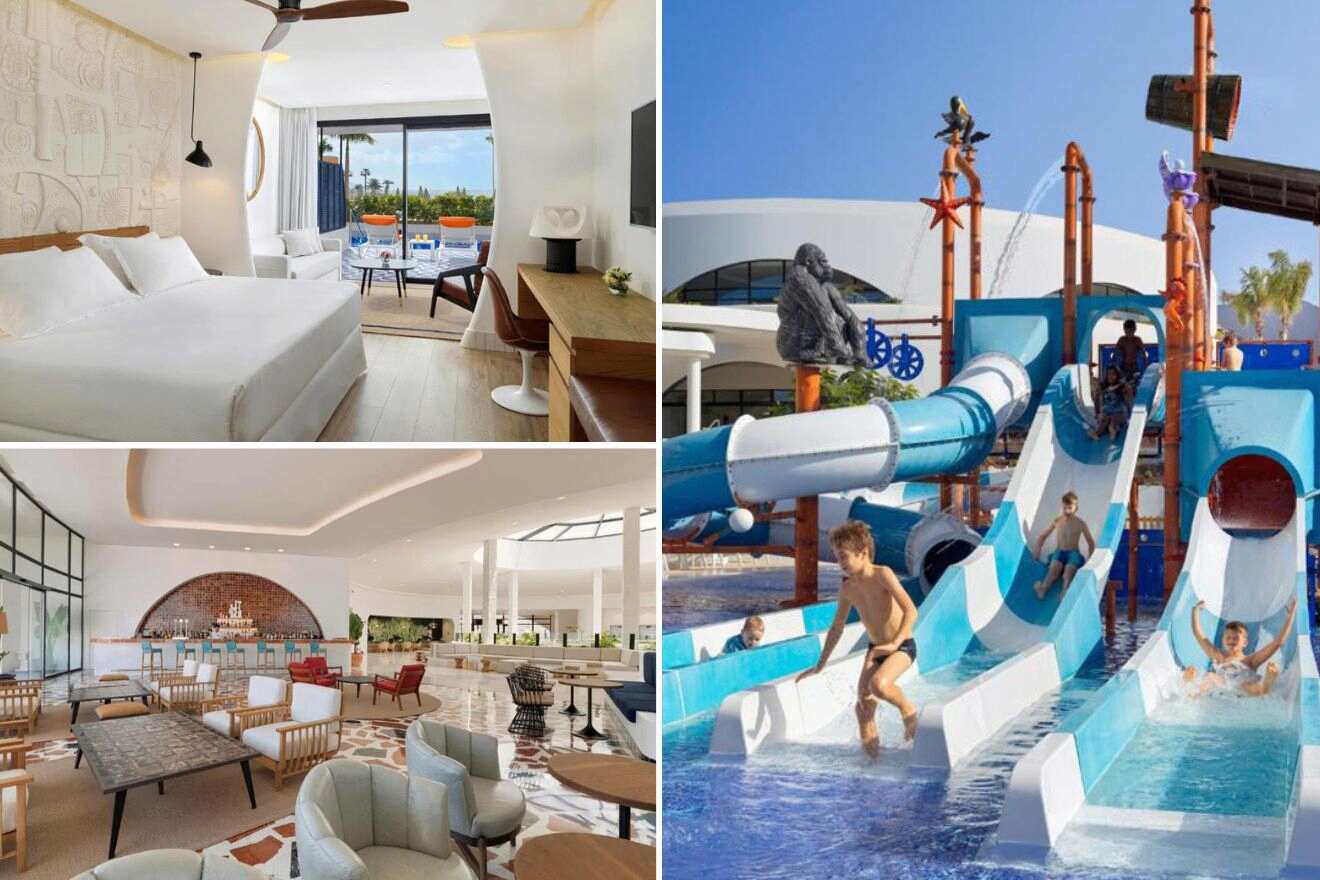collage of 3 images with: bedroom, kids having fun on the waterslides and lounge with bar area