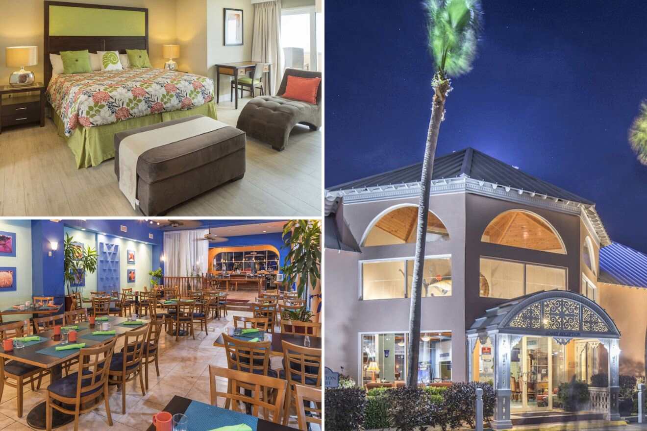 collage of 3 images of the morrits tortuga club & resort: restaurant, bedroom and hotel's building